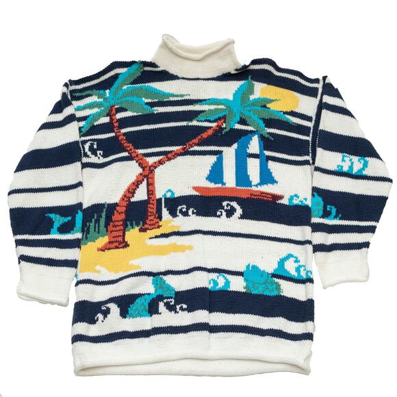 Vintage Harold's White & Blue Striped Palm Tree Sailboat Sweater Size Large - Picture 9 of 12